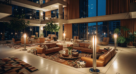 A modern, stylish lobby area with large windows, warm lighting, and comfortable seating arrangements, featuring plants and decorative elementsの素材