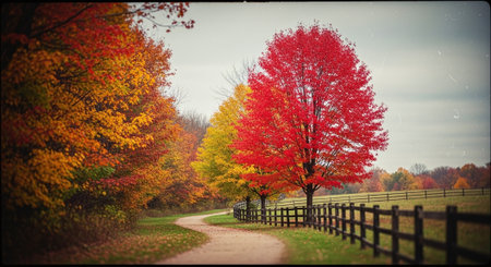 A scenic pathway lined with vibrant autumn trees, featuring a striking red tree among yellow and orange foliage, with a rustic wooden fenceの素材