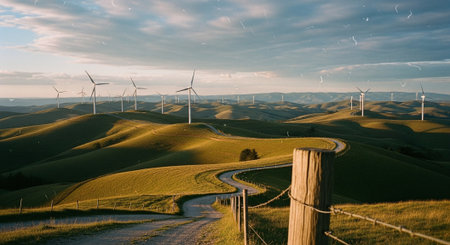 A winding road through green hills with wind turbines in the background under a cloudy skyの素材