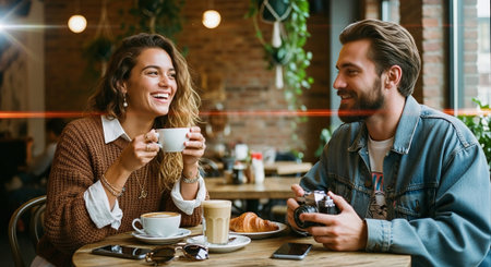 A joyful couple enjoying coffee in a cozy cafe, with plants and rustic decorの素材