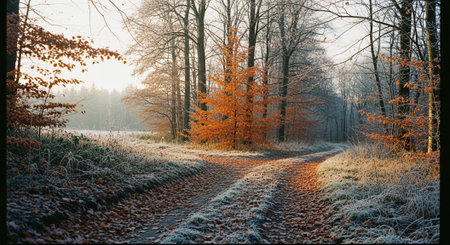A serene autumn landscape featuring a dirt path splitting into two, surrounded by trees with orange leaves and a frosty groundの素材