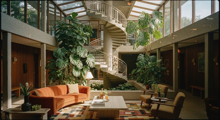 A modern interior design featuring a spiral staircase surrounded by lush greenery, a cozy orange sofa, and a coffee table in a well-lit atriumの素材
