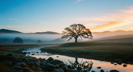 A serene landscape featuring a solitary tree beside a calm river, with misty hills in the background and a colorful sunrise skyの素材