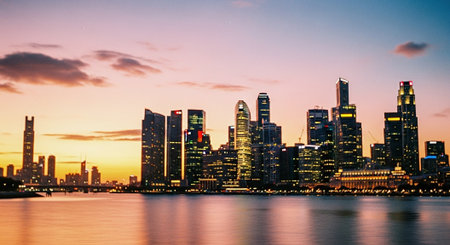 A stunning city skyline at dusk with tall skyscrapers reflecting on water, vibrant sunset colors in the skyの素材
