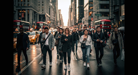 A group of young adults walking in a busy urban street, holding smartphones, with city buildings and traffic in the background, during a cloudy dayの素材