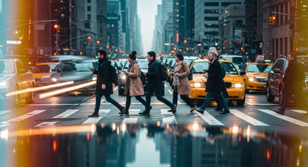 A busy city street scene with pedestrians crossing at a crosswalk, surrounded by cars and taxis, skyscrapers in the background, urban atmosphereの素材