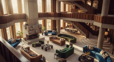 A spacious and modern living room featuring multiple seating areas with colorful sofas, large windows allowing natural light, a central fireplace, and a staircase in the backgroundの素材