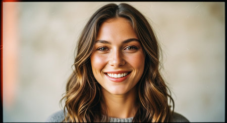 A smiling young woman with long, wavy hair, wearing a cozy sweater, against a blurred backgroundの素材