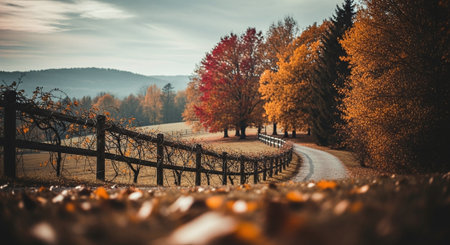 A scenic autumn landscape featuring a winding road lined with colorful trees, vibrant orange and red foliage, and a wooden fenceの素材