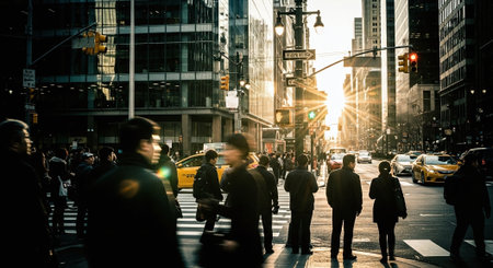 A bustling city street scene during sunset, with people crossing the road and tall buildings in the background, yellow taxi cabs on the roadの素材