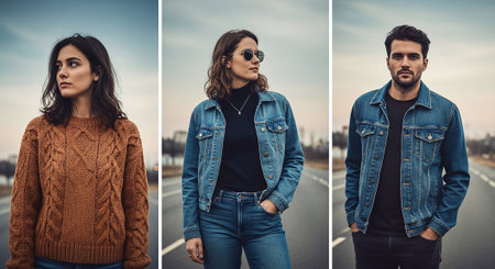Three portraits of young adults on a road, showcasing casual fashion with a focus on denim and knitwear, moody sky in the backgroundの素材