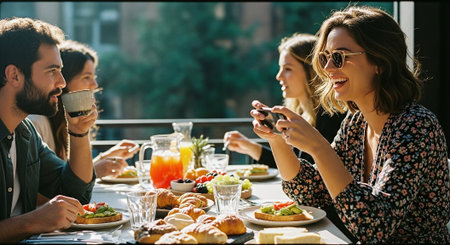 selective focus of happy young woman using smartphone during breakfast in cafeの素材