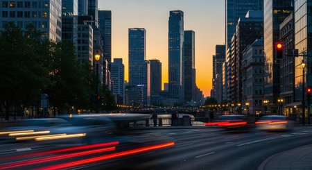 Traffic in downtown Chicago at dusk, Illinois, United States.の素材