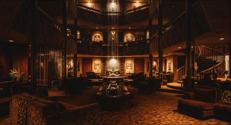 Interior of a hotel lobby with wooden walls and a lot of furnitureの素材