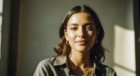 Portrait of a young beautiful brunette woman in a gray shirtの素材