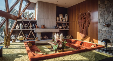 Interior of a modern living room with brown sofa and wooden furnitureの素材