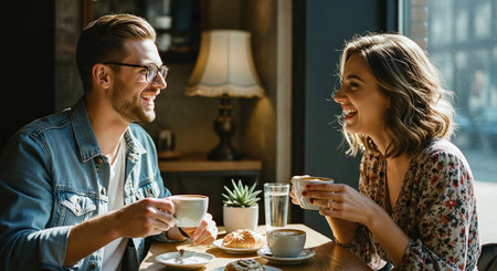 happy young couple drinking coffee and smiling at each other in coffee shopの素材