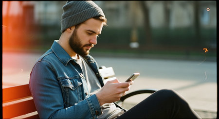 Young man using mobile phone while sitting on bench in the city.の素材