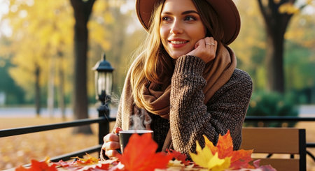 A young woman sitting at a table with autumn leaves, holding a steaming cup, wearing a cozy sweater and hat, surrounded by fall colorsの素材