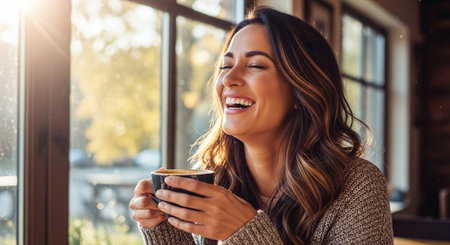 A woman laughing while holding a cup of coffee, sitting by a window with sunlight streaming in, cozy atmosphereの素材