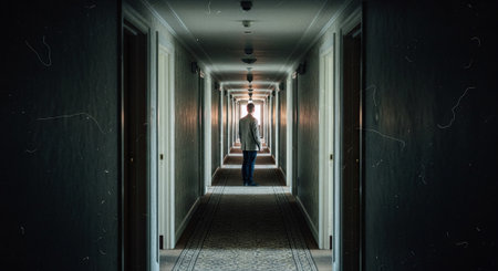 A person standing in a long, dimly lit hotel corridor, with doors on either side and a soft light at the endの素材