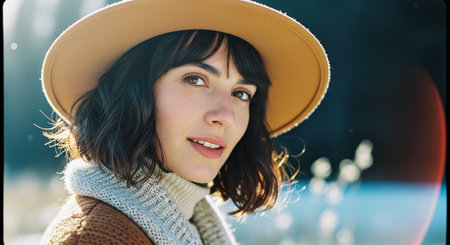 A woman with short, wavy hair wearing a wide-brimmed hat and a cozy sweater, smiling softly in a sunlit outdoor settingの素材