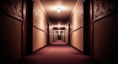 A long, dimly lit hotel corridor with patterned wallpaper and doors on either sideの素材
