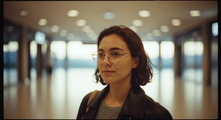 A young woman with glasses and short hair, wearing a leather jacket, standing in a spacious, modern indoor environment with soft lightingの素材
