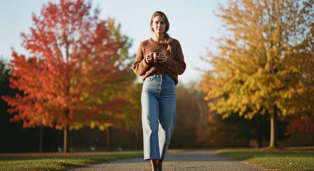 A woman walking on a path in a park during autumn, holding a cup, surrounded by colorful fall foliageの素材