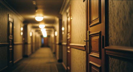 A dimly lit hotel corridor with wooden doors and patterned wallpaperの素材