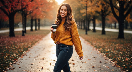 A young woman walking on a path covered with autumn leaves, wearing a cozy yellow sweater and holding a coffee cup, surrounded by trees with fall foliageの素材