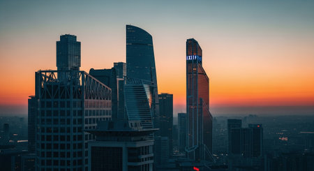 A stunning skyline view of modern skyscrapers during sunset, with vibrant orange and blue hues in the sky, showcasing architectural diversityの素材