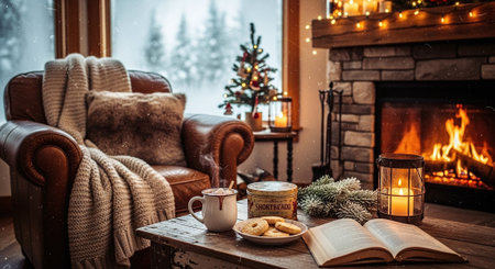 A cozy living room scene featuring a leather armchair, a warm blanket, a fireplace with a roaring fire, a decorated Christmas tree, and a coffee table with cookies and a bookの素材
