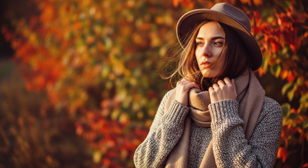 A young woman wearing a hat and scarf, standing outdoors in autumn with colorful leaves in the backgroundの素材