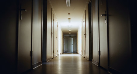 A long, empty corridor with doors on either side, illuminated by soft lighting, creating a sense of depth and perspectiveの素材
