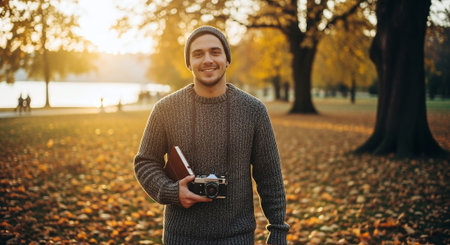 A young man smiling while holding a camera and a notebook in a park during autumn, with golden leaves and soft sunlight in the backgroundの素材