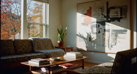 A cozy living room with a modern art piece on the wall, sunlight casting shadows, a plant in a pot, and a coffee table with books and decorの素材