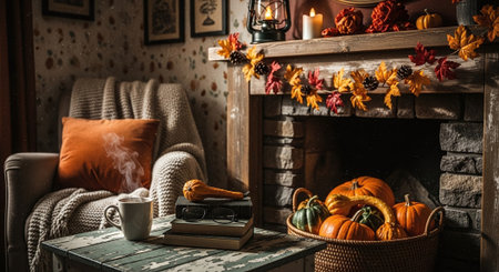 Cozy autumn living room with a fireplace, decorated with pumpkins and fall leaves, a steaming cup of coffee on a table, warm lightingの素材