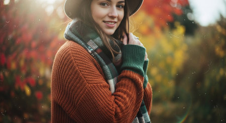 A young woman wearing an orange sweater and a green scarf, smiling in a colorful autumn setting with vibrant red and yellow foliageの素材