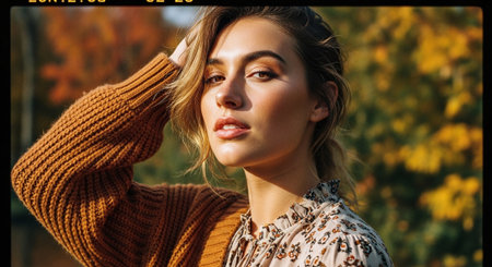 A young woman with long hair poses outdoors, wearing a patterned blouse and a cozy sweater. The background features autumn foliage, creating a warm and vibrant atmosphere.の素材