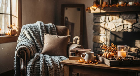 A cozy living room with a comfy armchair draped in a knitted blanket, a wooden coffee table with autumn decor like a small pumpkin, candle, and books, plus a stone fireplace in the backgroundの素材