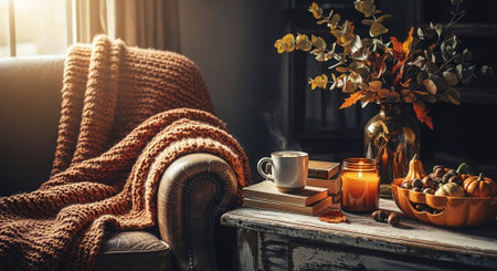 A cozy living room scene featuring a knitted blanket draped over a chair, a steaming cup of coffee on a wooden table, surrounded by books, a candle, decorative pumpkins, and autumn foliage in a vaseの素材