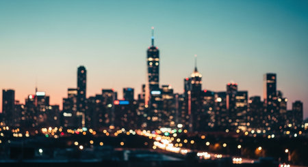 A blurred city skyline at dusk with lights twinkling, showcasing tall buildings and a gradient skyの素材