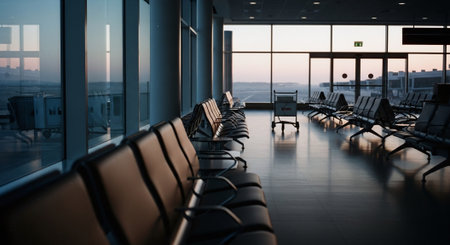 A quiet airport terminal with empty rows of seats, large windows showing a soft sunrise, and a lone luggage cart in the distanceの素材