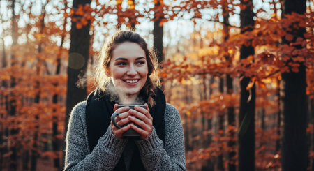 A young woman holding a steaming mug in a forest during autumn, surrounded by orange and brown leaves, smiling and enjoying the momentの素材