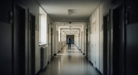 A long, empty corridor with doors on either side, a person walking in the distance, soft lighting creating a moody atmosphereの素材
