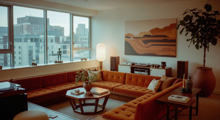 A cozy modern living room featuring an orange sectional sofa, a large window with city views, a record player, and abstract wall artの素材