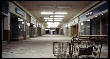 An abandoned shopping mall with a shopping cart in the foreground, dusty floor, empty storefronts, and dim lightingの素材