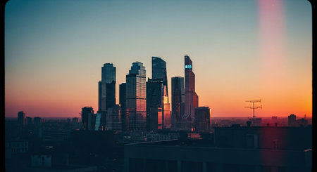 A skyline of modern skyscrapers during sunset, reflecting warm colors in the glass, with a clear skyの素材