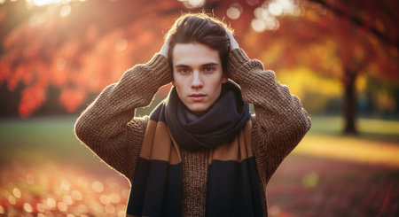 A young man in a cozy sweater and scarf, standing in a park during autumn, with vibrant orange and yellow leaves in the background, capturing a contemplative moodの素材